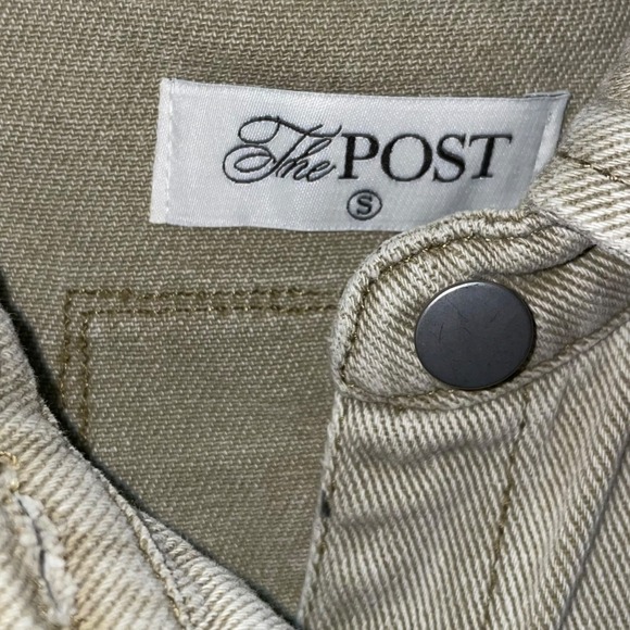 The Post Distressed Denim Jacket Khaki Green Raw Hem Pockets Button Front Size S - Picture 3 of 8